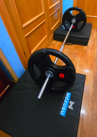 Barra con 6 discos y 2 colchonetas de gimnasio