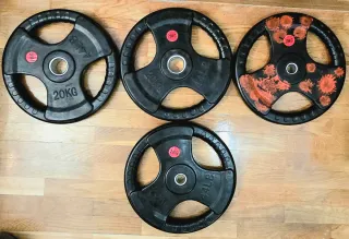 Barra con 6 discos y 2 colchonetas de gimnasio