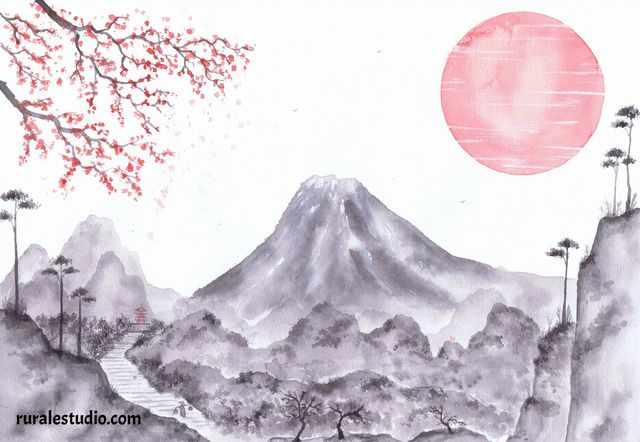 Acuarela japonesa original pintada a mano (L04)