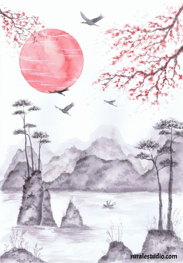 Acuarela japonesa original pintada a mano (L02)