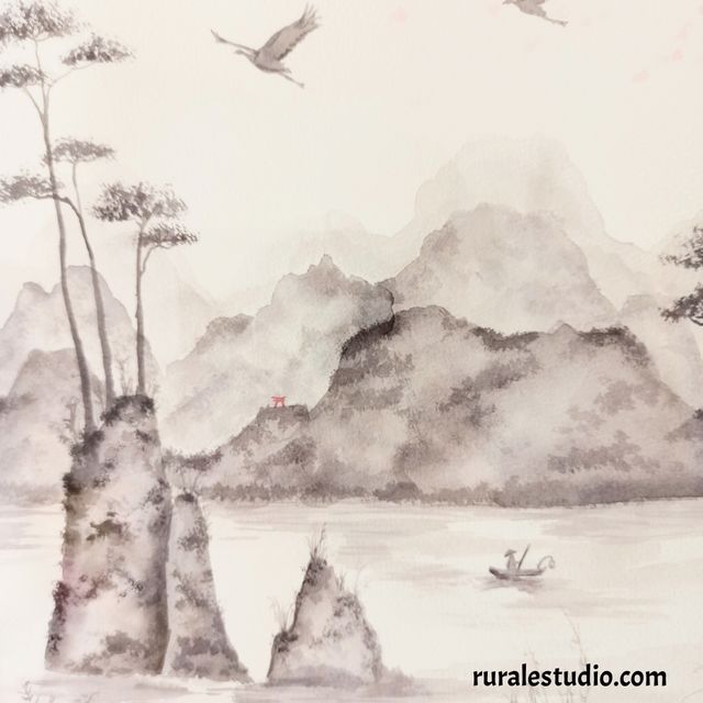 Acuarela japonesa original pintada a mano (L02)