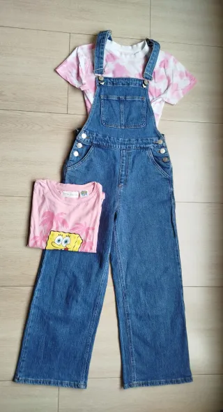 Peto vaquero y 2 camisetas Talla XS