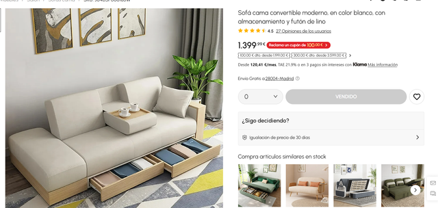 Sofá cama convertible moderno, en color blanco