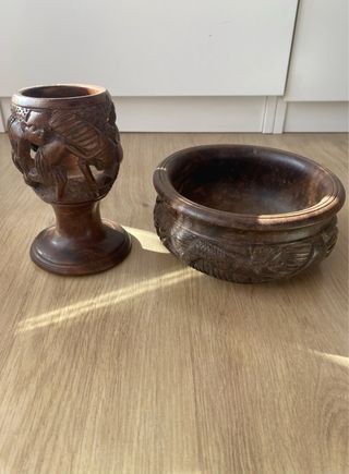 Candelabro y cuenco madera tallada Africana