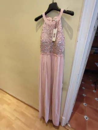 Vestido de fiesta largo lentejuelas rosa y dorado