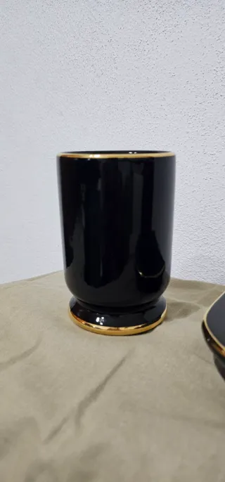 Set Bagno Nero Oro Porta Sapone e Bicchiere