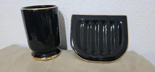 Set Bagno Nero Oro Porta Sapone e Bicchiere