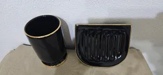 Set Bagno Nero Oro Porta Sapone e Bicchiere