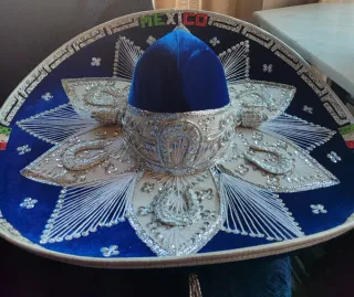 Sombrero Mexicano Charro Azul Dorado Hecho a Mano