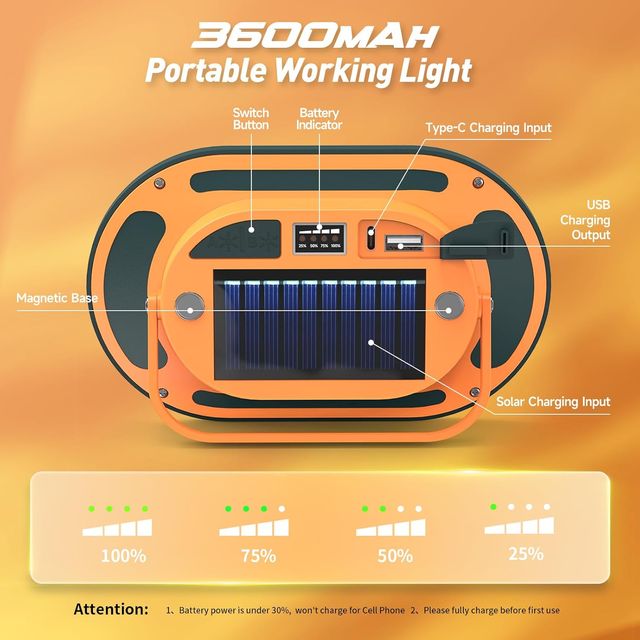 Foco LED solar con batería 3600 mAh, NUEVO