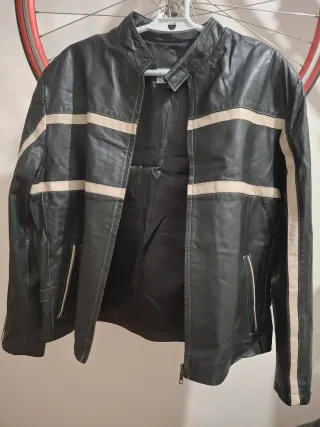 Chaqueta de Piel Vintage Negra y Beige