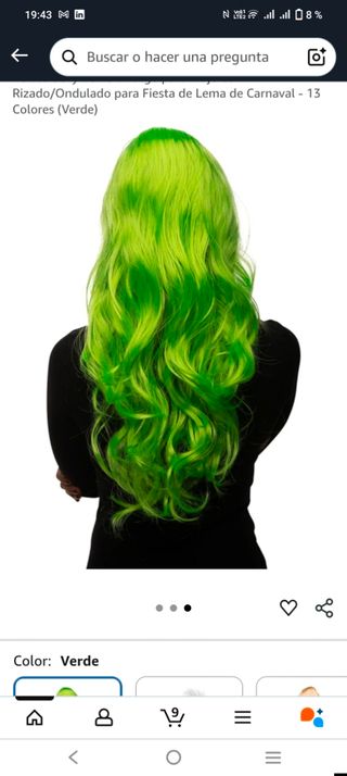 Peluca Larga Mujer Verde bruja halloween