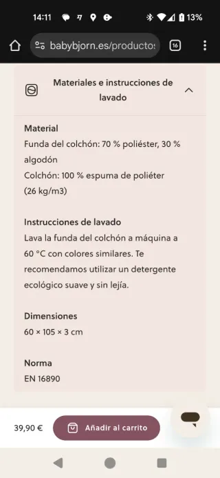 Colchón cuna de viaje Babybjörn