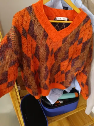 Jersey Zara Rombo Naranja Marrón Talla M