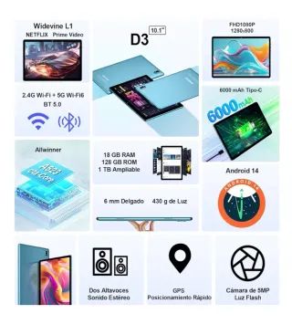 Tablet 10 pulgadas 18GB RAM + 128GB