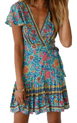 Vestido estampado floral azul y rosa