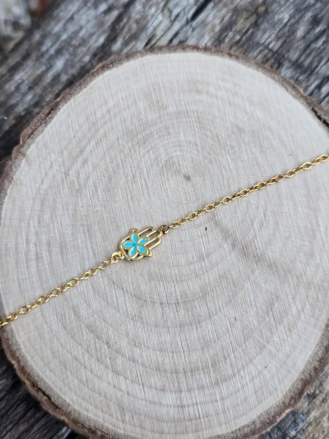 Pulsera Mano de Fátima Dorada Turquesa