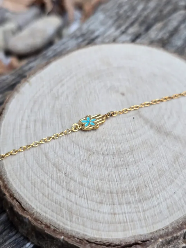 Pulsera Mano de Fátima Dorada Turquesa