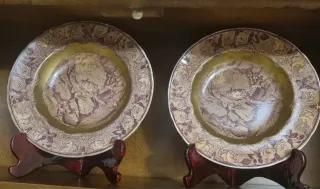 2 Platos Antiguos Cerámica Marrón y Dorado