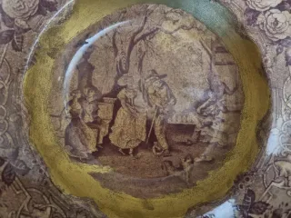 2 Platos Antiguos Cerámica Marrón y Dorado