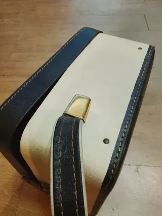 Mini maleta bolso mano vintage azul y blanco