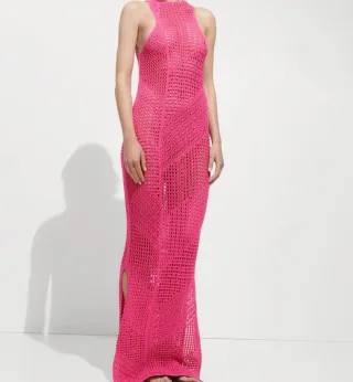 Vestido Largo Crochet Rosa Talla Única