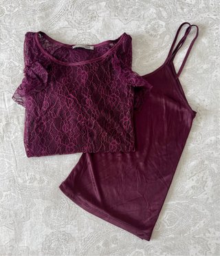 Blusa Zara encaje con transparencia color burdeos