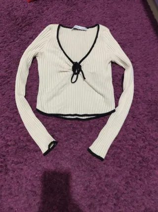 Jersey canalé beige con lazada