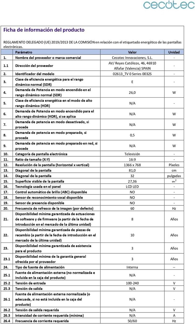 Cecotec TV, Televisor LED de 32" 0 Series 0032S