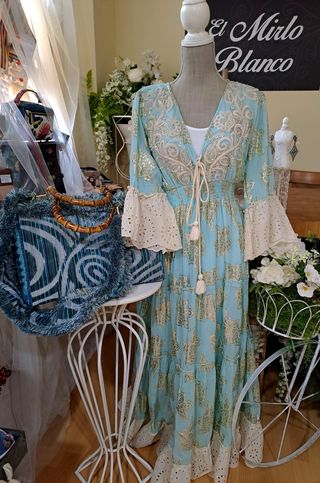 Vestido largo ibicenco azul y dorado