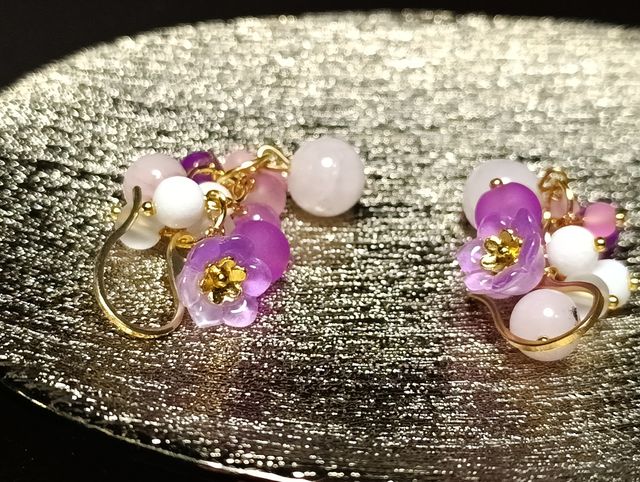 Orecchini Quarzo Rosa, Giada Lilla, Fiori Murano