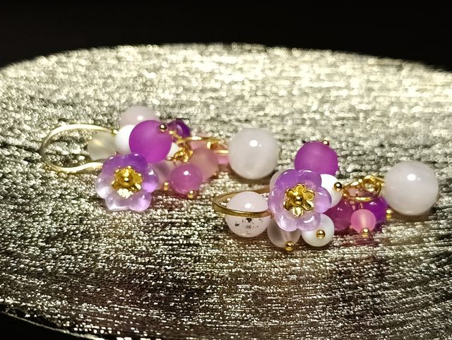 Orecchini Quarzo Rosa, Giada Lilla, Fiori Murano