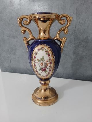 Vaso Ceramica Blu Cobalto e Oro Decorato