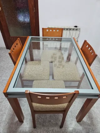 Tavolo da pranzo in vetro e legno con 4 sedie