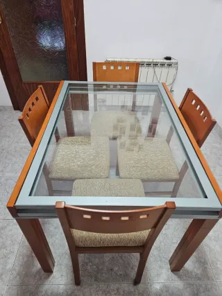 Tavolo da pranzo in vetro e legno con 4 sedie