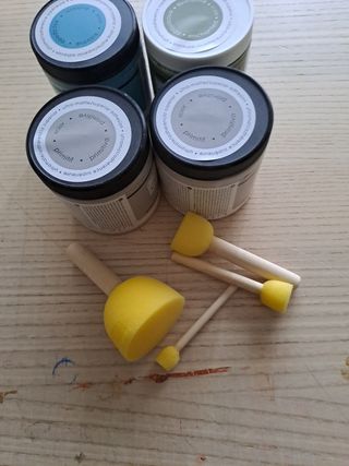 4 botes de pintura grandes y pinceles 