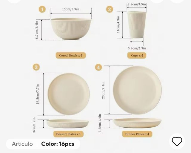 Set de vajilla de plástico irrompible. 16 piezas