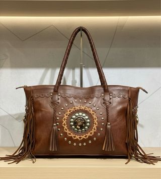Bolso de piel auténtica marrón con flecos