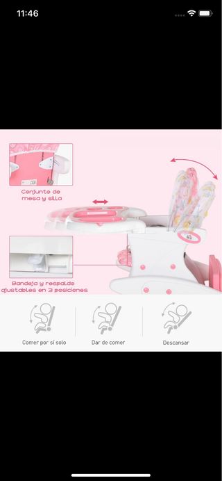 Trona de bebé rosa y blanca