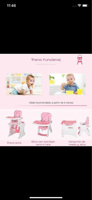 Trona de bebé rosa y blanca