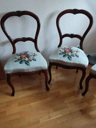 4 Sillas Madera Antiguas Tapicería Flores