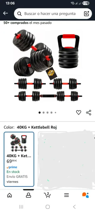 Pesas Ajustables 40kg + Kettlebell Rojo