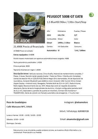 🤍 Peugeot 5008 GT 7 Plazas Automatico Techo IVA