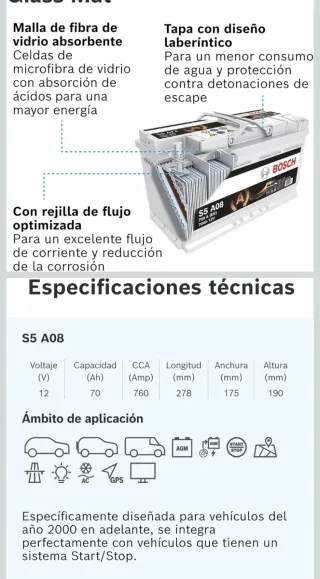 Batería para  Coche Bosch S5 A08 70Ah 760A 12V AGM