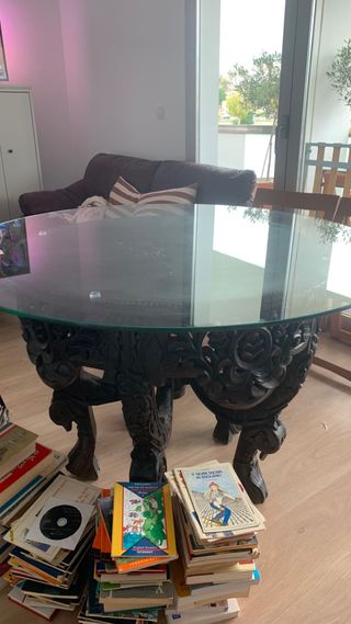 Mesa vintage madera y cristal tallada
