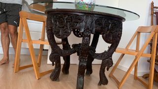 Mesa vintage madera y cristal tallada