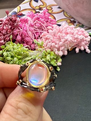 Anillo Plata Ley Baño Oro Negro Piedra Luna