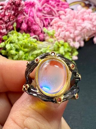 Anillo Plata Ley Baño Oro Negro Piedra Luna