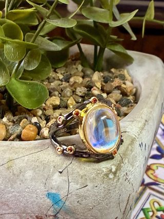 Anillo Plata Ley Baño Oro Negro Piedra Luna