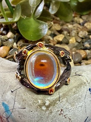 Anillo Plata Ley Baño Oro Negro Piedra Luna